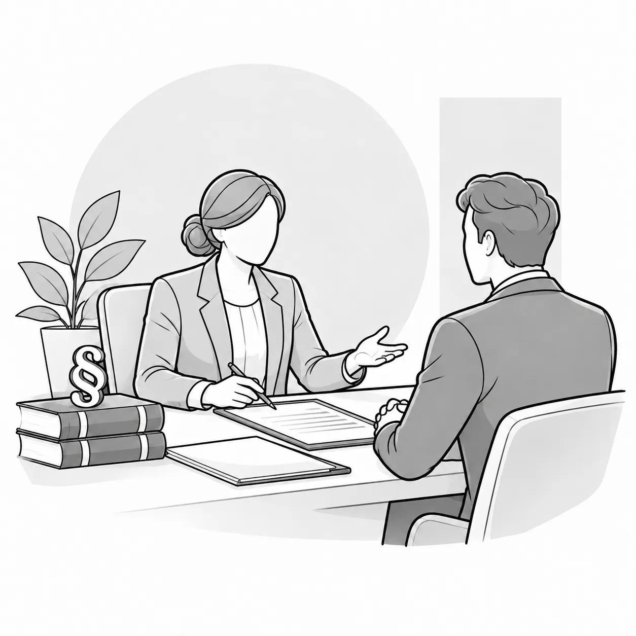 Illustration: Beratungsgespräch zwischen Anwältin und Mandant