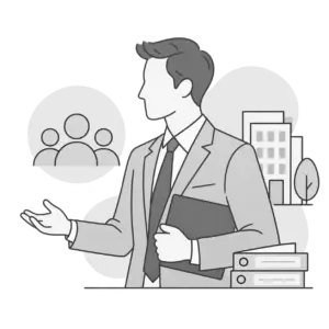 Illustration: Arbeitgeber im Anzug vor einem Firmengebäude