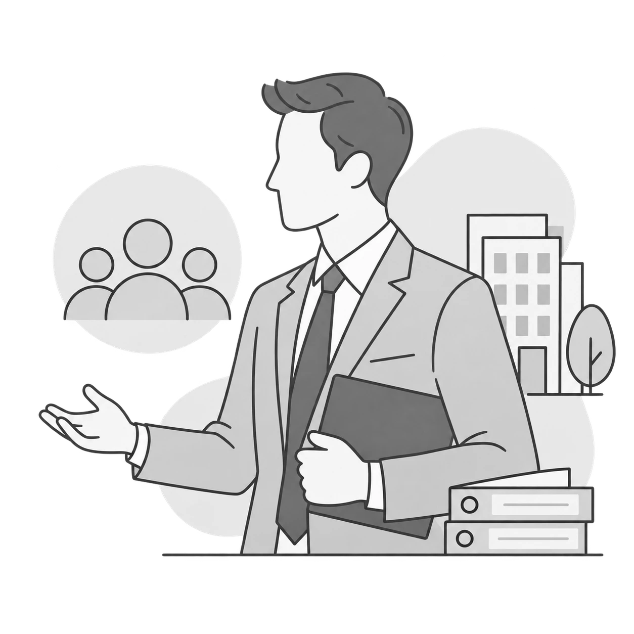 Illustration: Arbeitgeber im Anzug vor einem Firmengebäude
