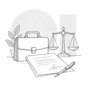 Illustration: Aktentasche, Waage und Vertrag als Symbol für Arbeitsrecht