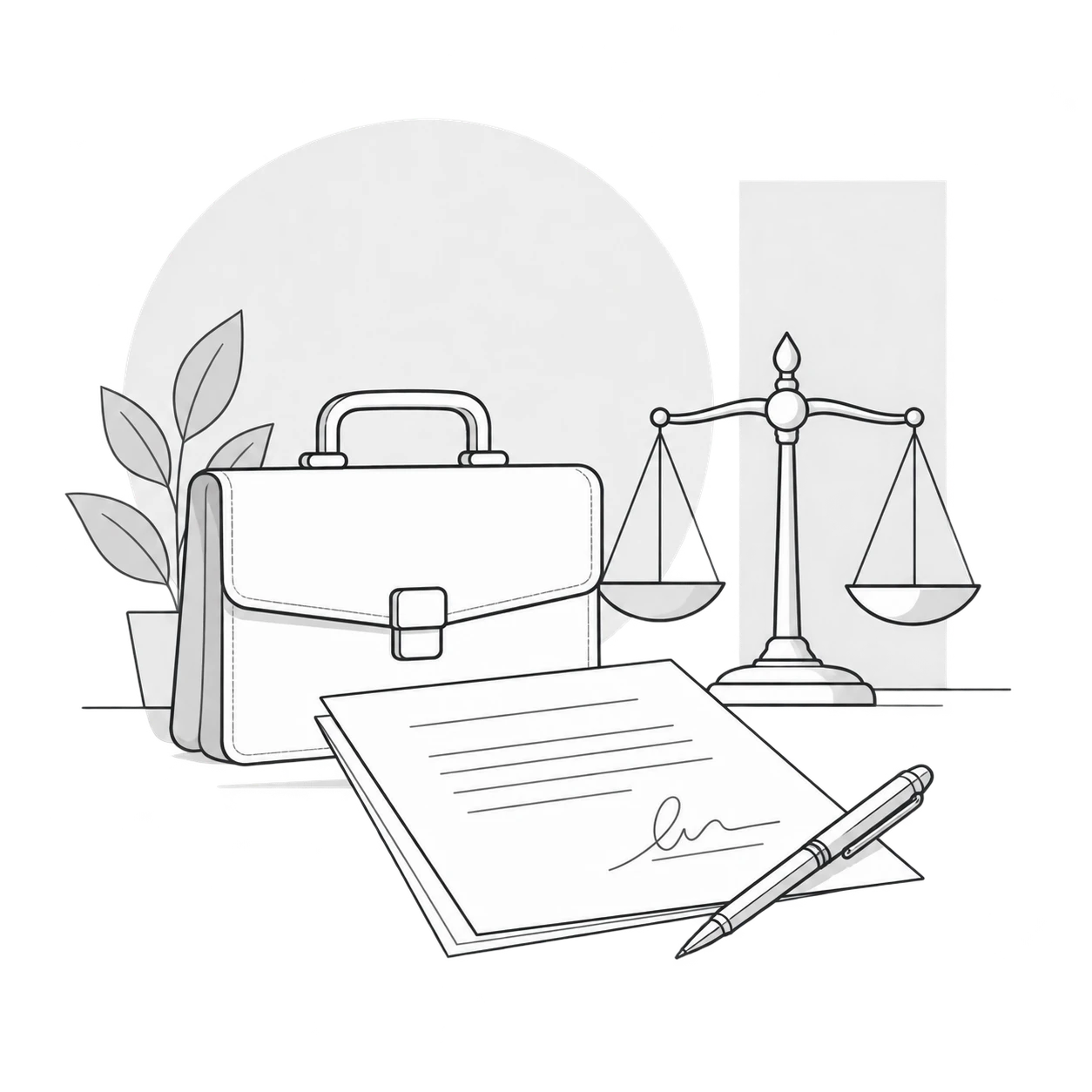 Illustration: Aktentasche, Waage und Vertrag als Symbol für Arbeitsrecht